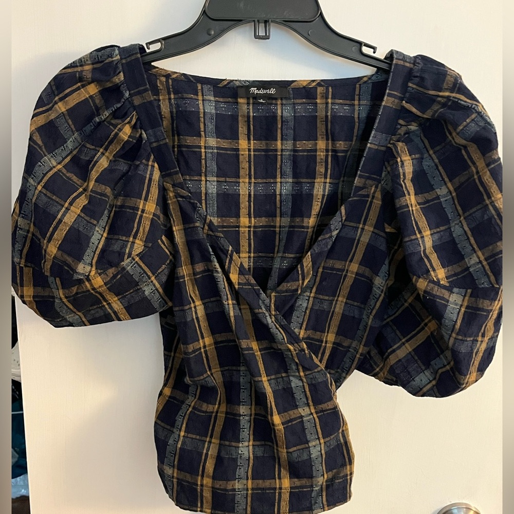 Madewell Navy and Gold Plaid Wrap Top - size small